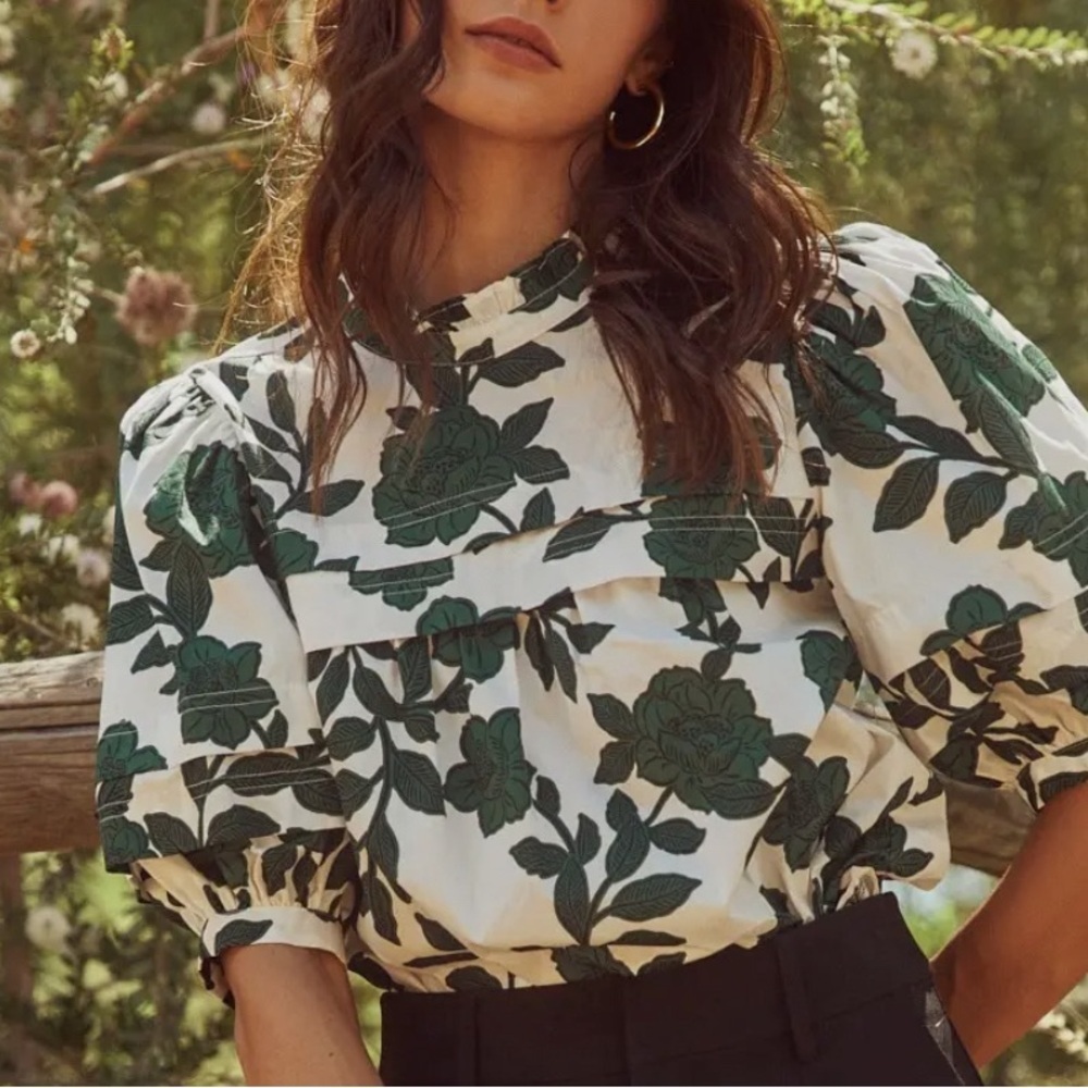 Sugarlips White Blouse with Green Rose Print